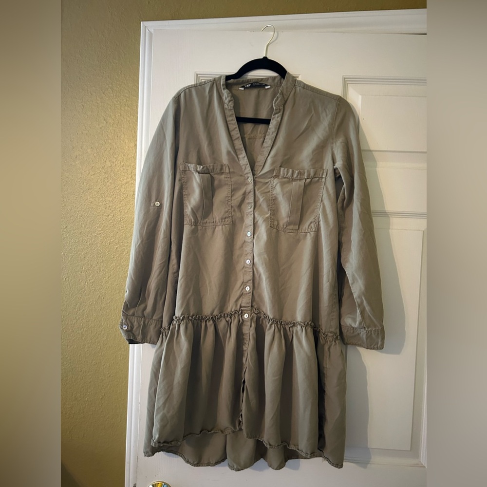 ZARA drop waist dress or tunic army green roll up sleeves small